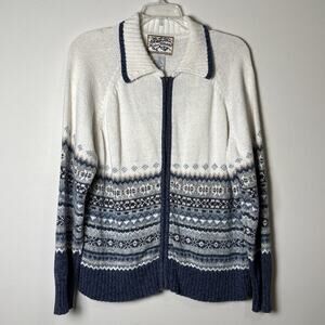Heirloom Collectibles VTG Fair Isle Cardigan Sweater L Collar Zip Up Blue White